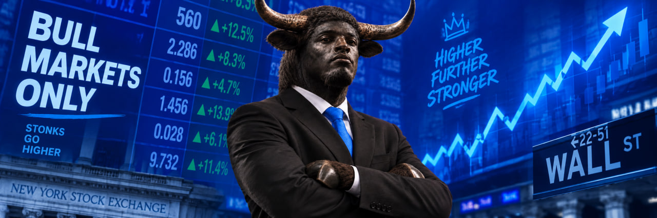 STONKSEM — a bull-headed businessman in a suit standing before a glowing Wall Street trading floor