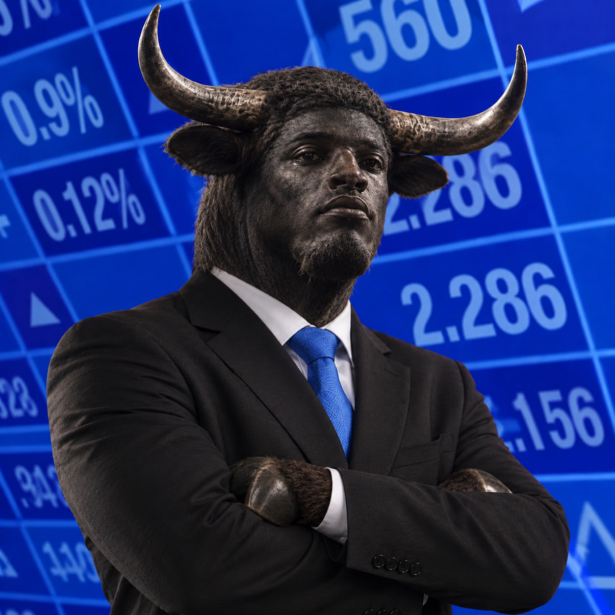 Portrait of the STONKSEM bull in a suit against a blue stock ticker board
